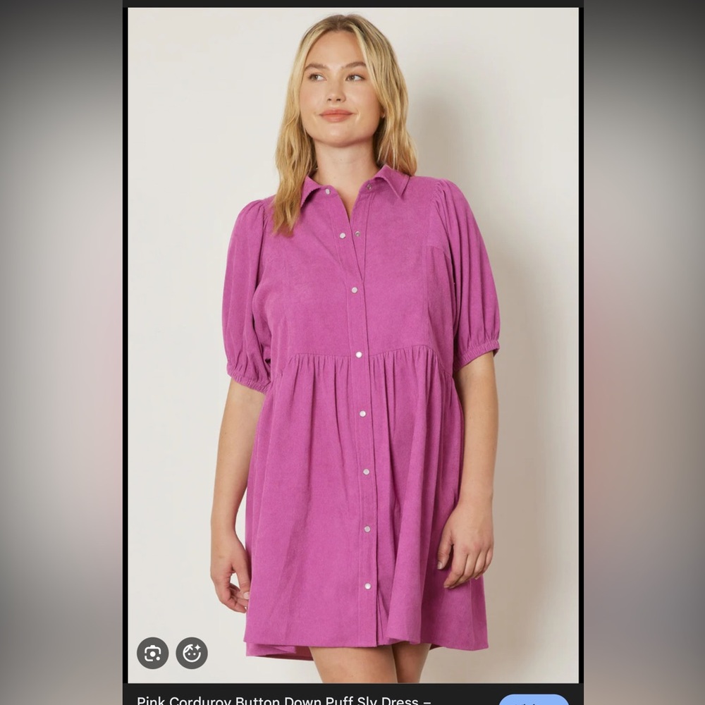 entro Pink Corduroy Button-Down Puff Sleeve Short Dress